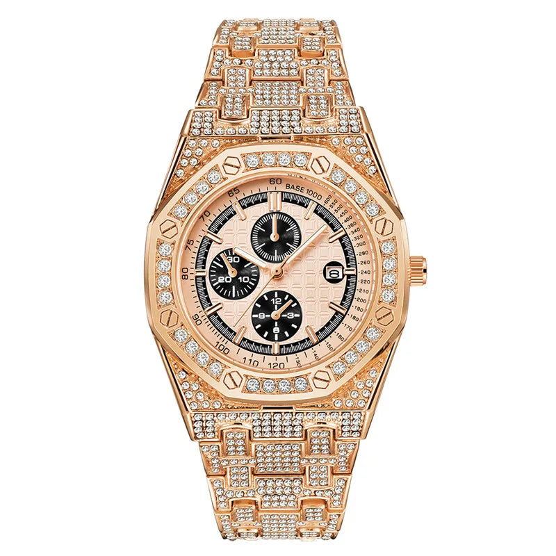 Montre Homme Original Brand Watches Men Hip Hop Diamond Fashion Casual Alloy Band Date Quartz Watch Silver Relogio Masculino