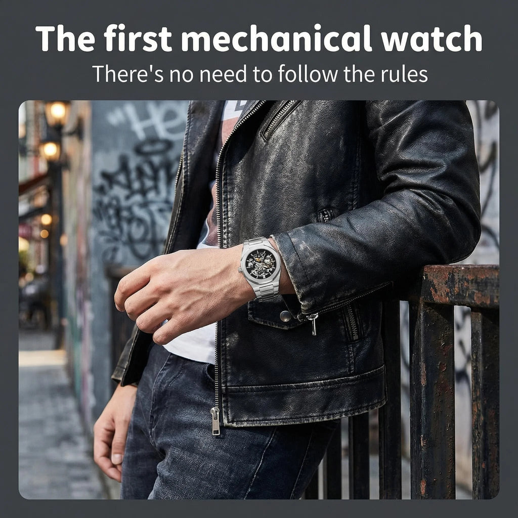 LONGLUX Men Automatic Watch Special Tough Guy Waterproof Skeleton Mechanical Watches Trend Alien Stainless Steel Gift Watch