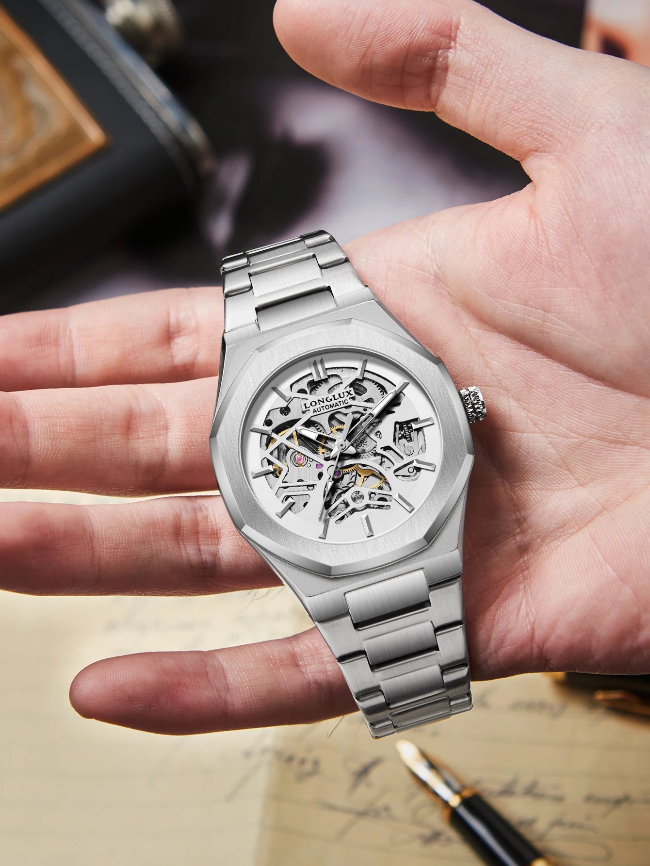 LONGLUX Men Automatic Watch Special Tough Guy Waterproof Skeleton Mechanical Watches Trend Alien Stainless Steel Gift Watch