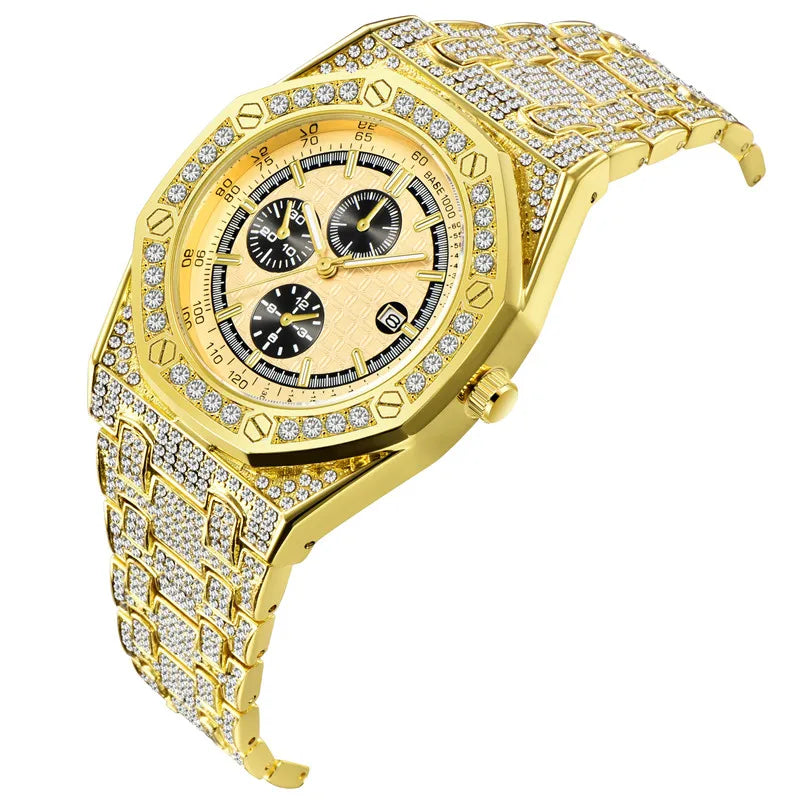 Montre Homme Original Brand Watches Men Hip Hop Diamond Fashion Casual Alloy Band Date Quartz Watch Silver Relogio Masculino