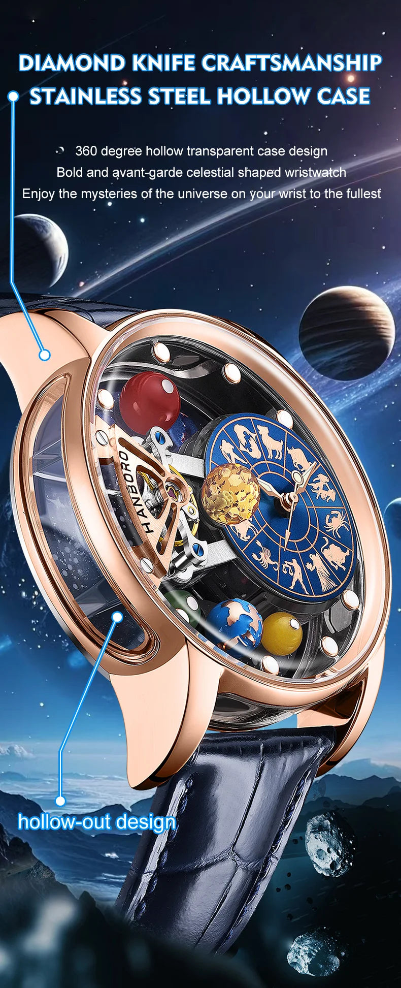 Starry Sky Watch Men's Skeleton Automatic Mechanical Luxury Constellation Stainless Steel Stereoscopic Night Light Waterproof