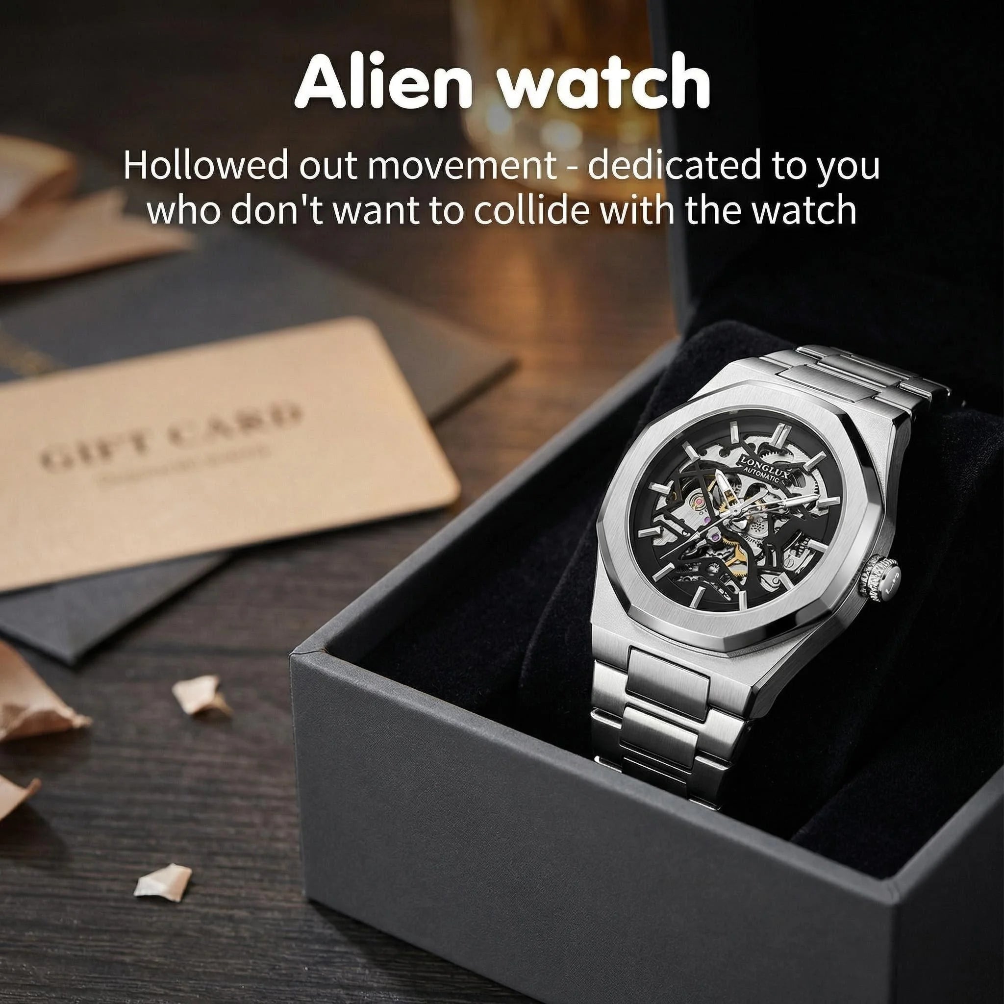 LONGLUX Men Automatic Watch Special Tough Guy Waterproof Skeleton Mechanical Watches Trend Alien Stainless Steel Gift Watch