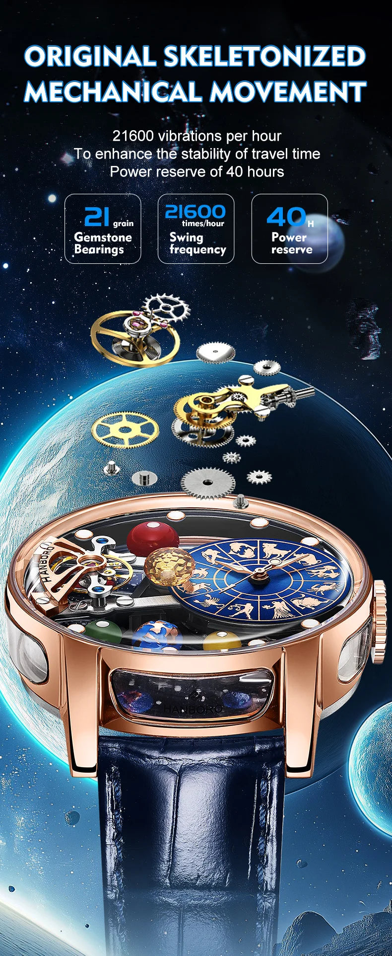 Starry Sky Watch Men's Skeleton Automatic Mechanical Luxury Constellation Stainless Steel Stereoscopic Night Light Waterproof