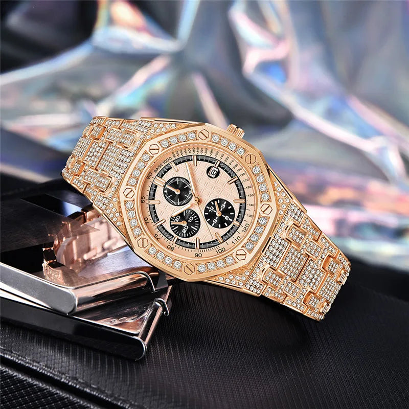Montre Homme Original Brand Watches Men Hip Hop Diamond Fashion Casual Alloy Band Date Quartz Watch Silver Relogio Masculino