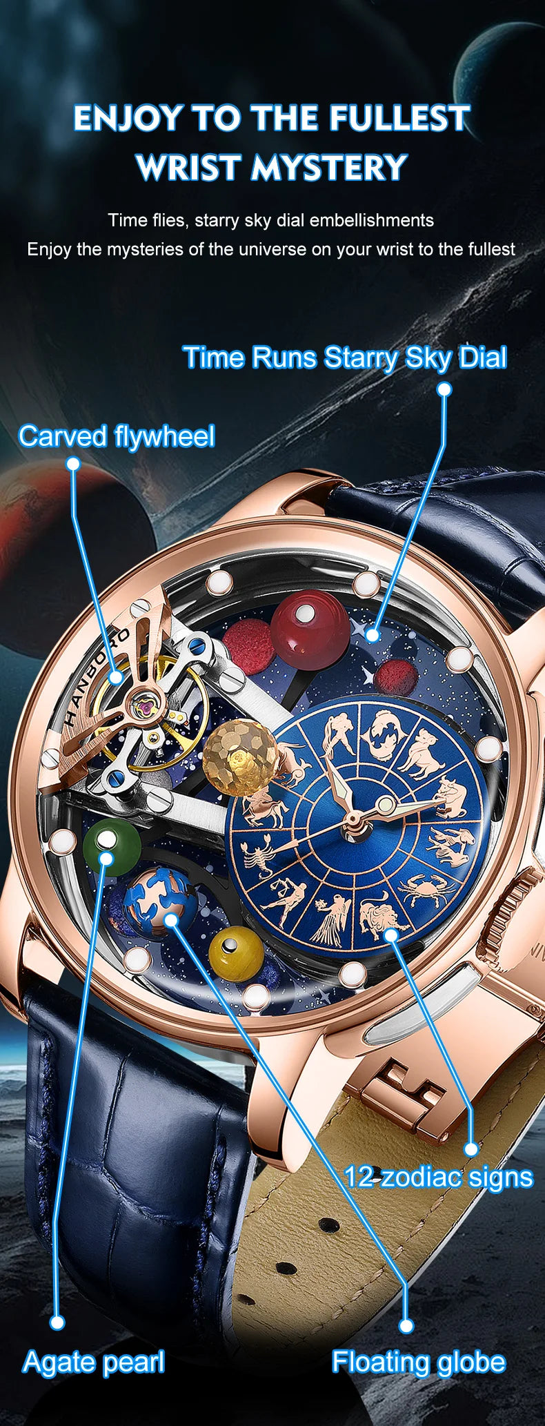 Starry Sky Watch Men's Skeleton Automatic Mechanical Luxury Constellation Stainless Steel Stereoscopic Night Light Waterproof