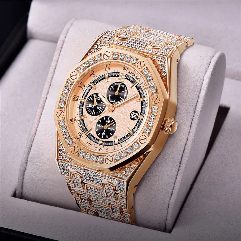 Montre Homme Original Brand Watches Men Hip Hop Diamond Fashion Casual Alloy Band Date Quartz Watch Silver Relogio Masculino