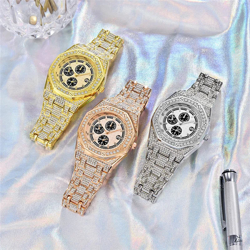 Montre Homme Original Brand Watches Men Hip Hop Diamond Fashion Casual Alloy Band Date Quartz Watch Silver Relogio Masculino
