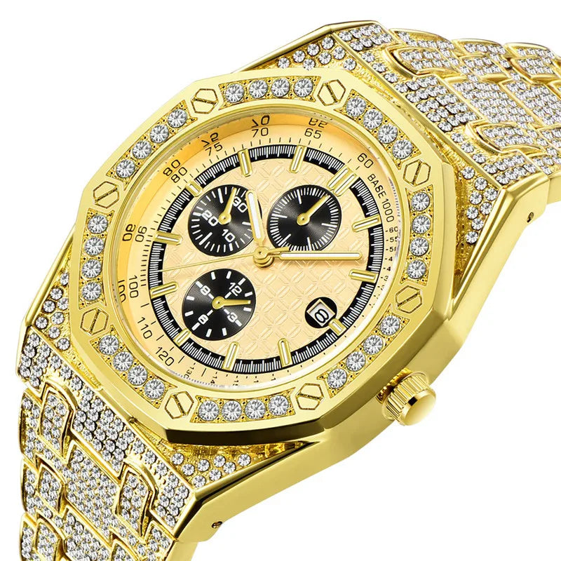 Montre Homme Original Brand Watches Men Hip Hop Diamond Fashion Casual Alloy Band Date Quartz Watch Silver Relogio Masculino